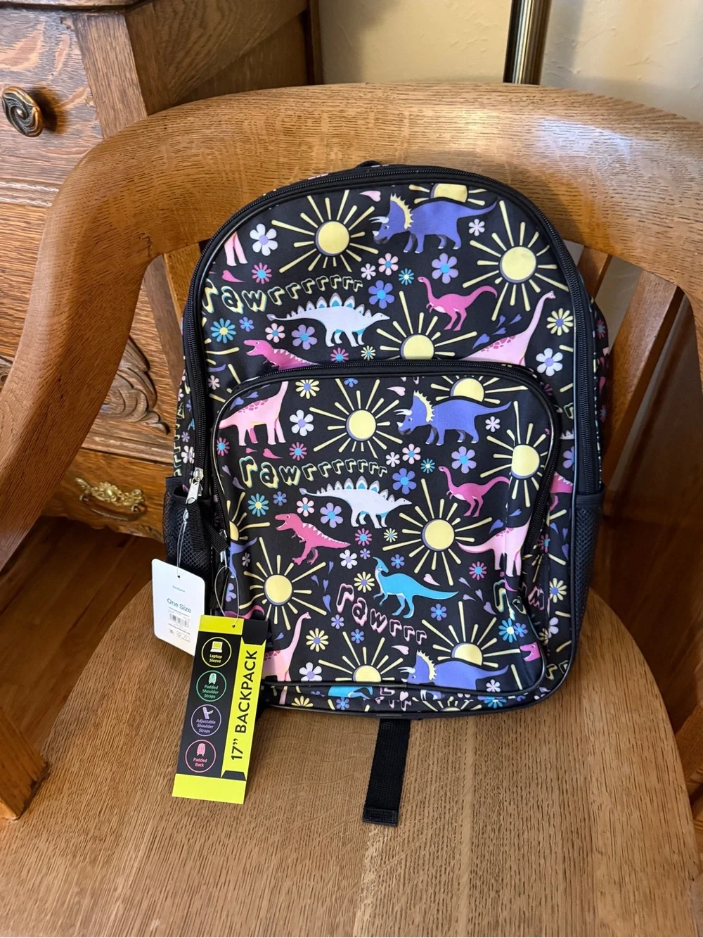 Wonder Nation Kids Black Backpack with Pastel Pink Dinosaurs and Sun Print NEW